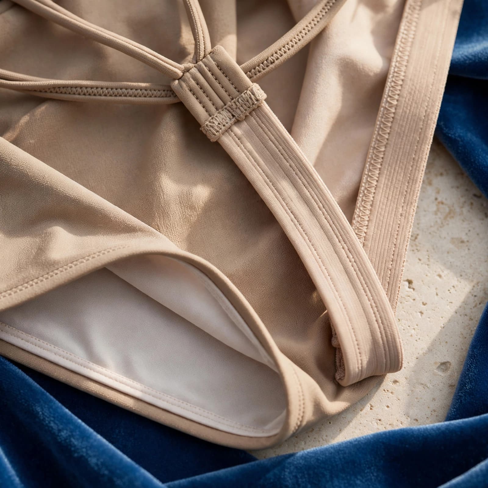 Close-up of a lined string bikini with flat seams and smooth elastic trim on a pale stone surface.