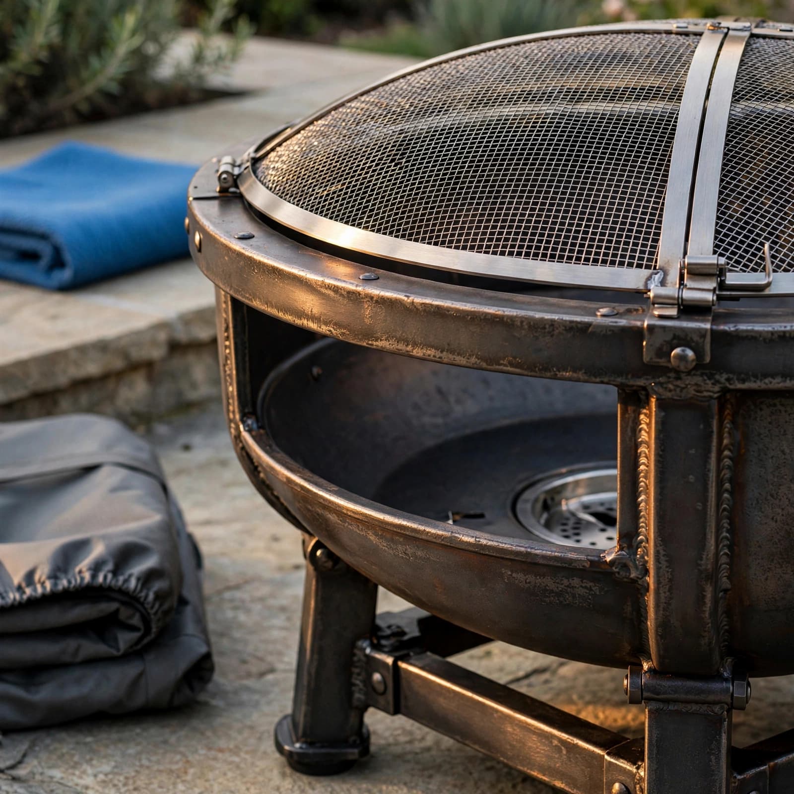 Fire Pit Ideas That Make UK Gardens More Usable 2 Close-up of a metal fire pit with a spark guard, base, and nearby weather cover.