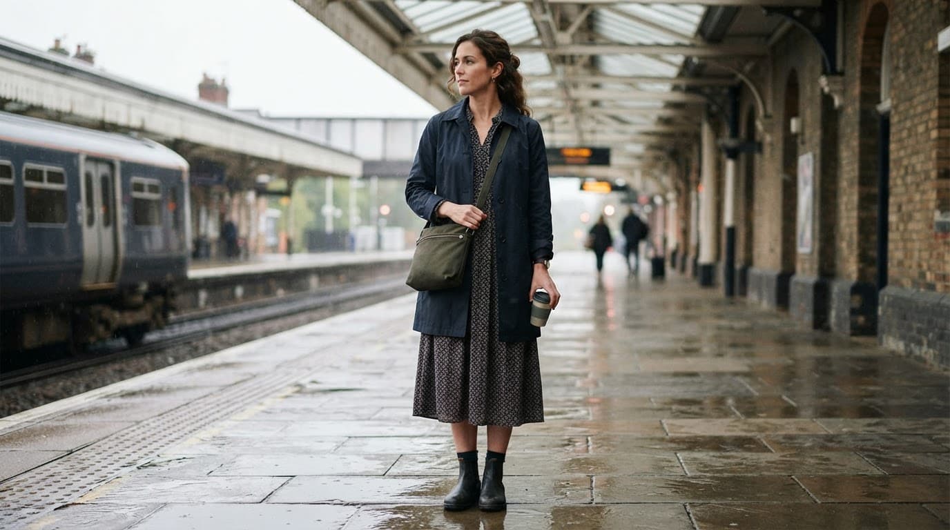 Woman in a patterned midi dress and mac standing on a damp railway platform.