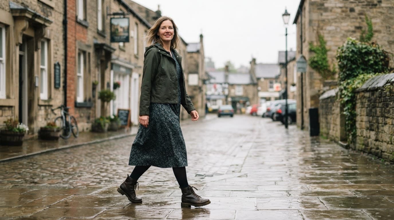Woman in a dress and waterproof jacket walking along a wet town street.