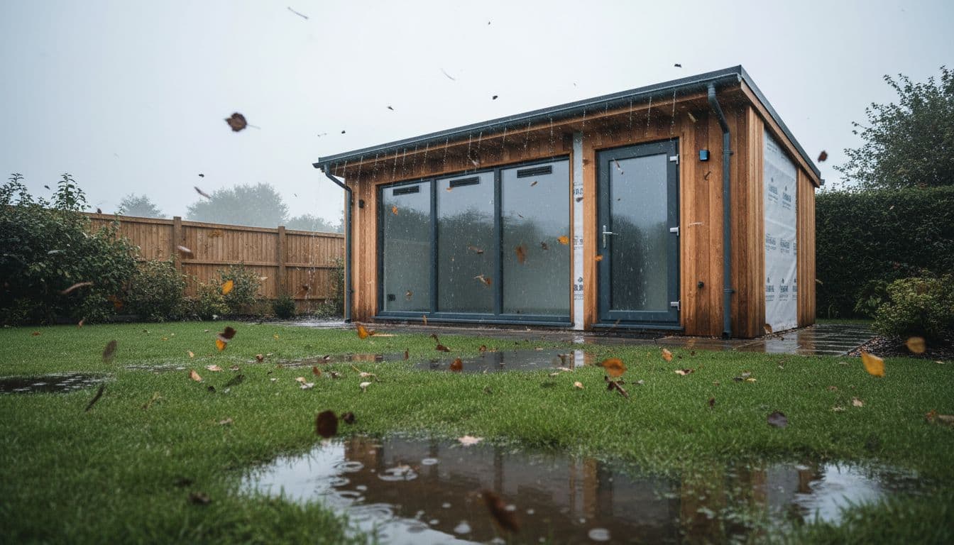 An insulated garden office exterior in a rainy UK garden with wind-blown leaves, featuring double-glazed windows with trickle vents, secure door with tight seals, gutters, and protected timber cladding under a breathable membrane.