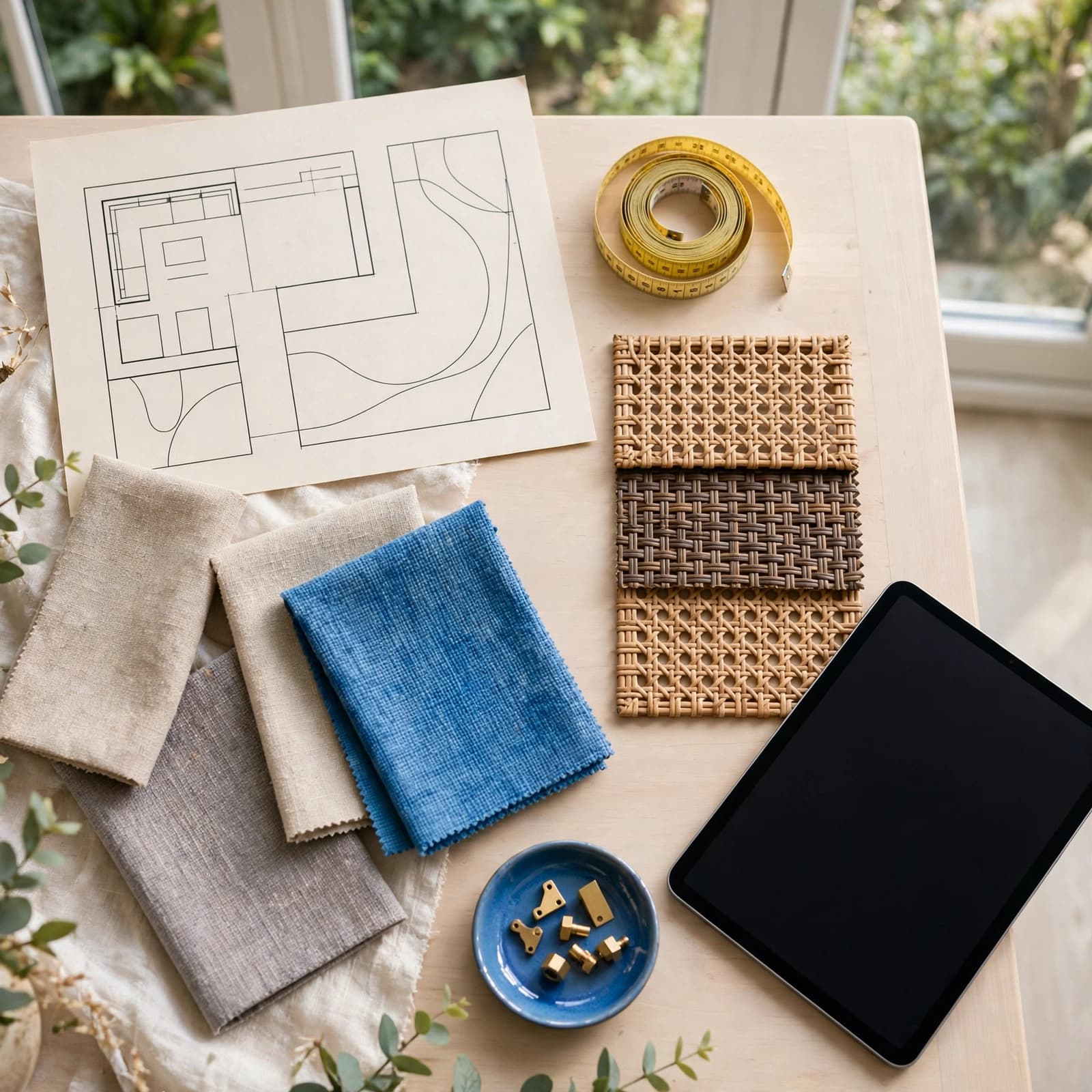 A patio plan, tape measure, material swatches, and tablet arranged on a bright table.