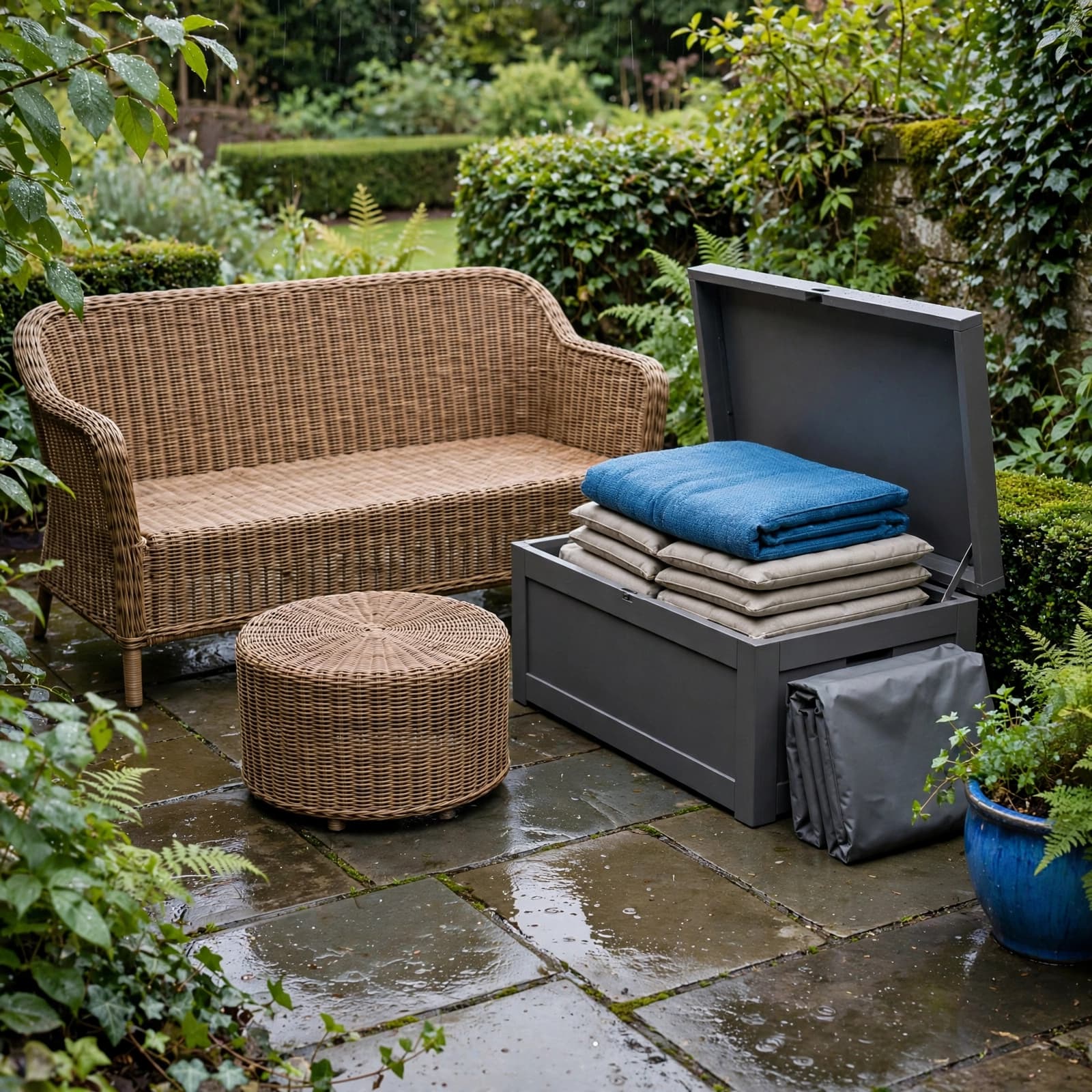 A rattan lounge set beside a cushion box and folded cover on a damp garden terrace.