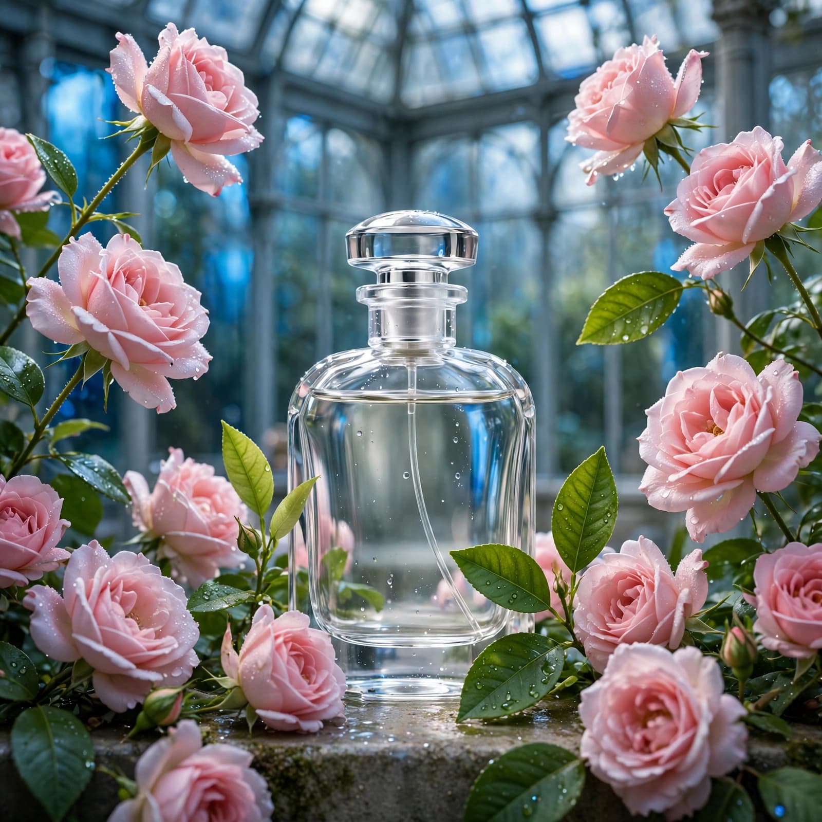 A clear perfume bottle framed by pink roses and citrus leaves in a blue-lit conservatory.