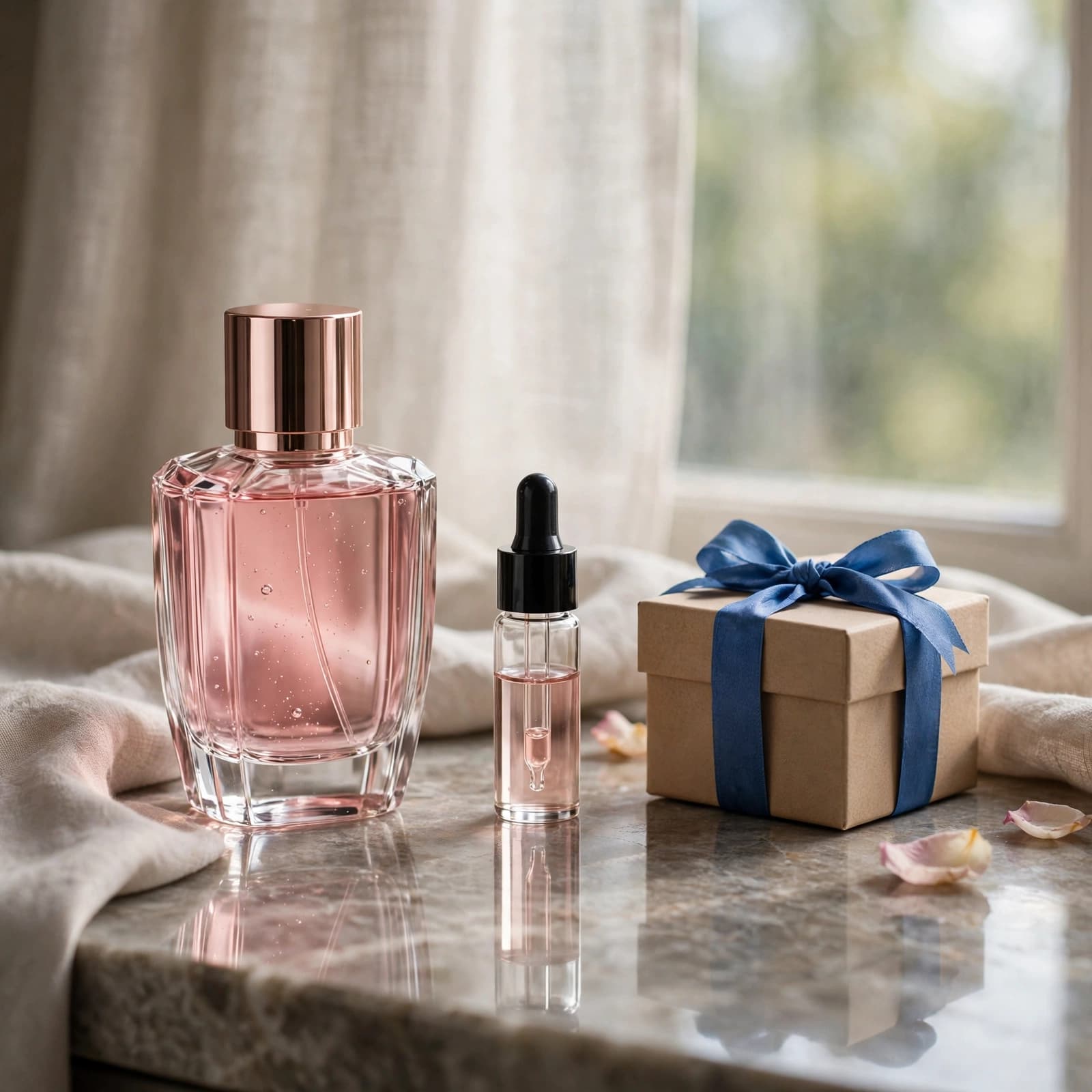 A perfume bottle, sample vial, and gift box sit on a dressing table.