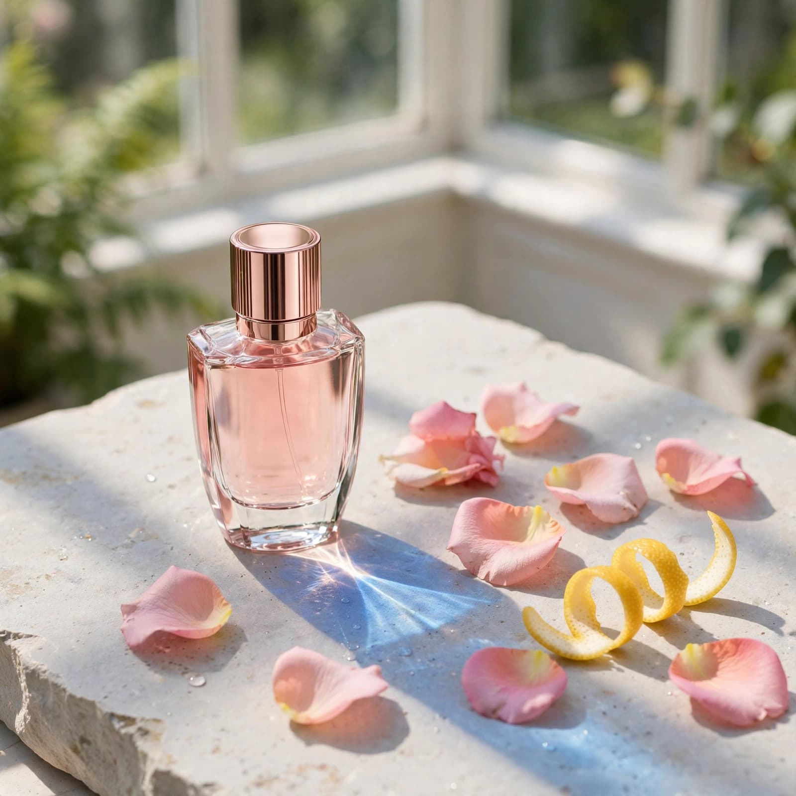 A perfume bottle sits among rose petals and citrus peel in sunlight.