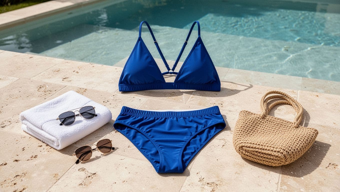 Blue triangle bikini set arranged on a pale poolside terrace with a towel, sunglasses, and woven bag.