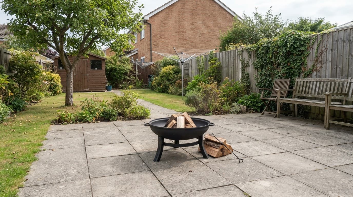 Garden Fire Pit Buyers Guide for UK Gardens 3 Fire pit on paving with clear space from garden structures and furniture.