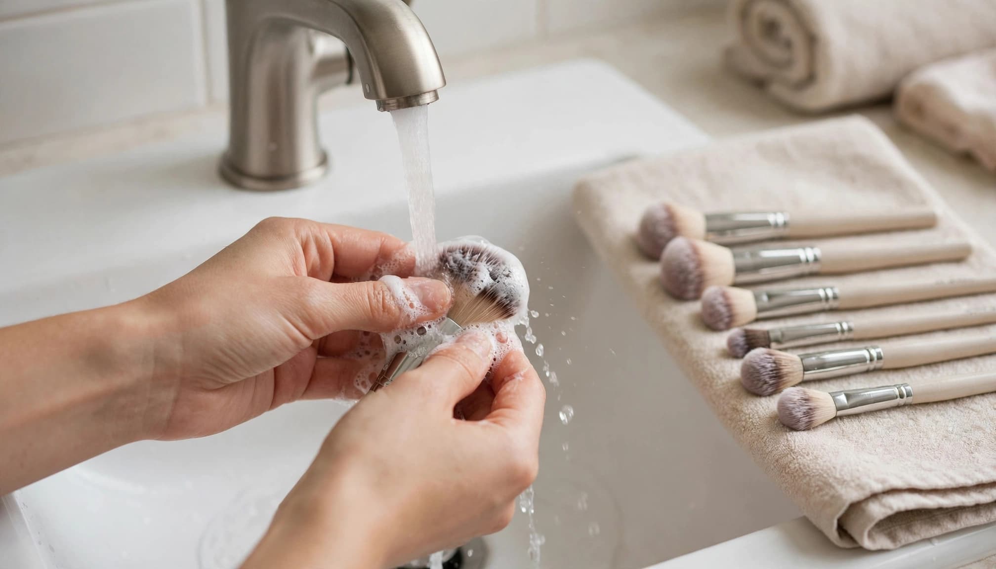 Hands wash a makeup brush over a white basin while other brushes dry nearby.