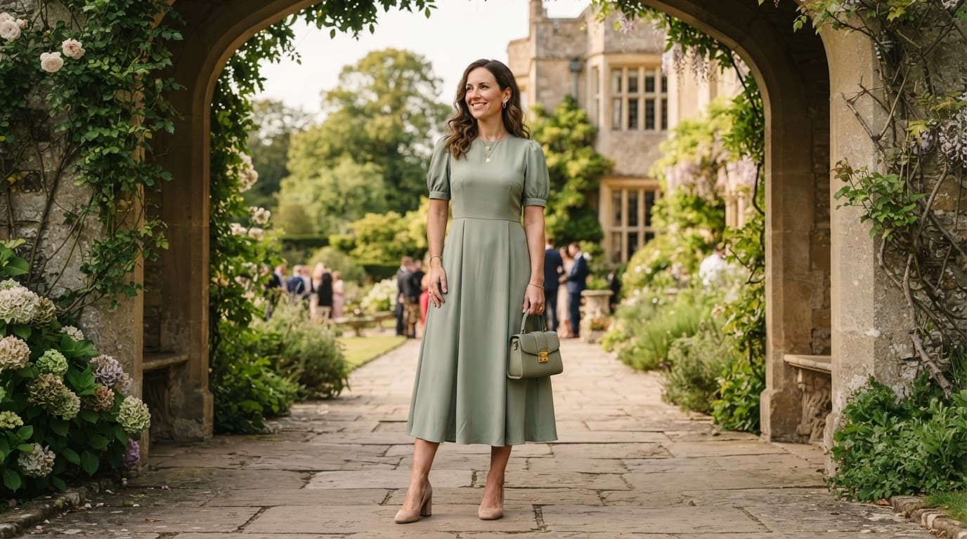 Woman guest in a sage-green dress and block heels outfit outside a country-house wedding venue.