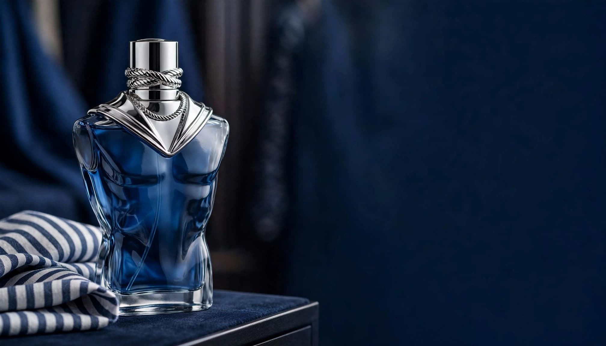 Sculpted sailor-themed fragrance bottle on a dark table with blue accents and striped fabric.