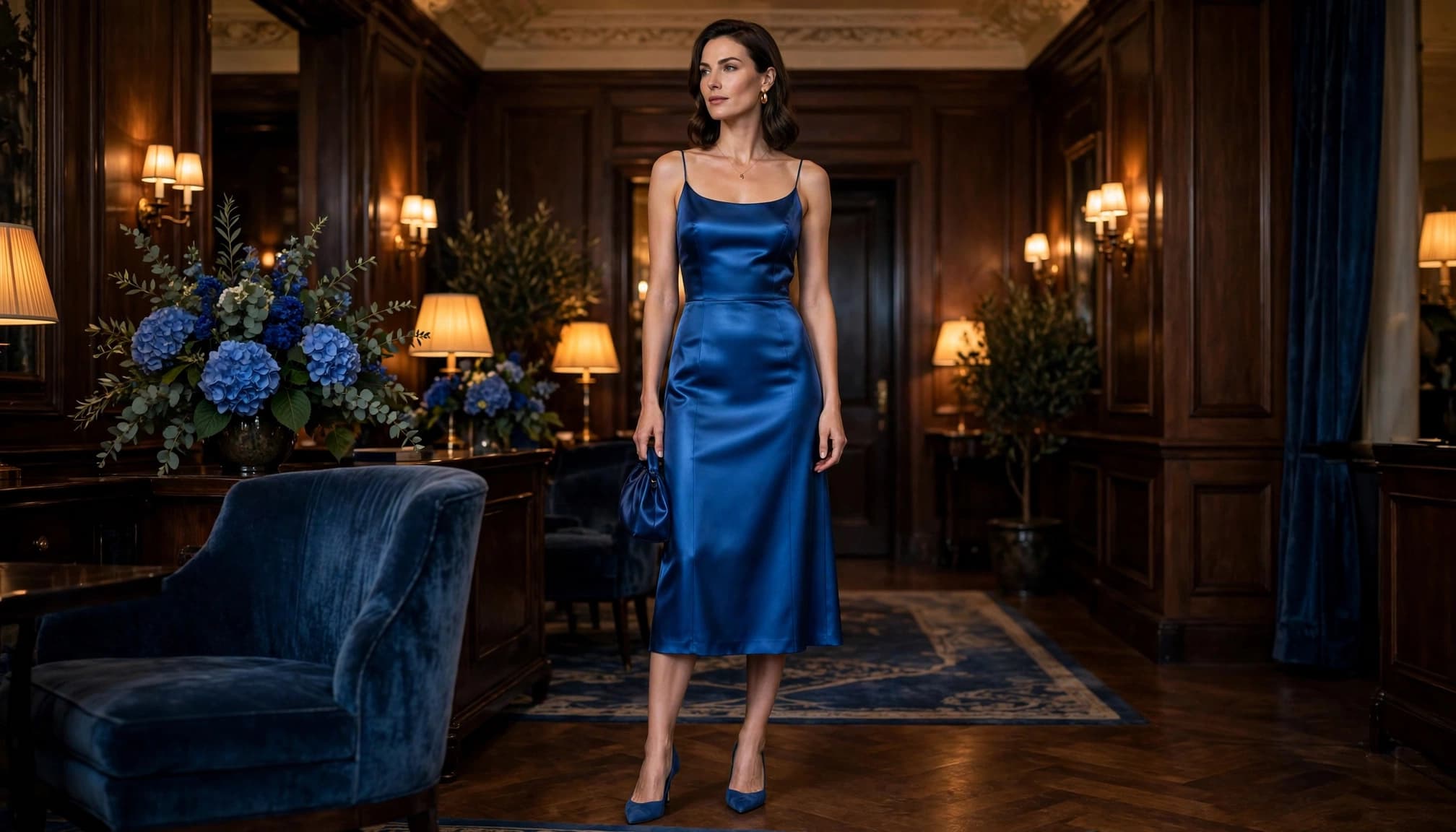 Woman in a sapphire-blue cocktail dress at an elegant hotel reception.