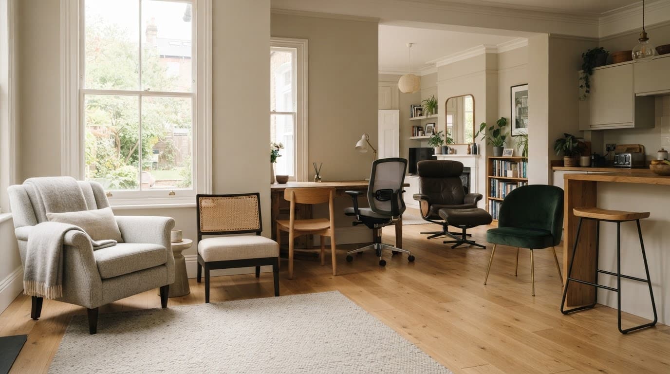 Seven different chairs arranged with clear spacing in a bright neutral home interior.