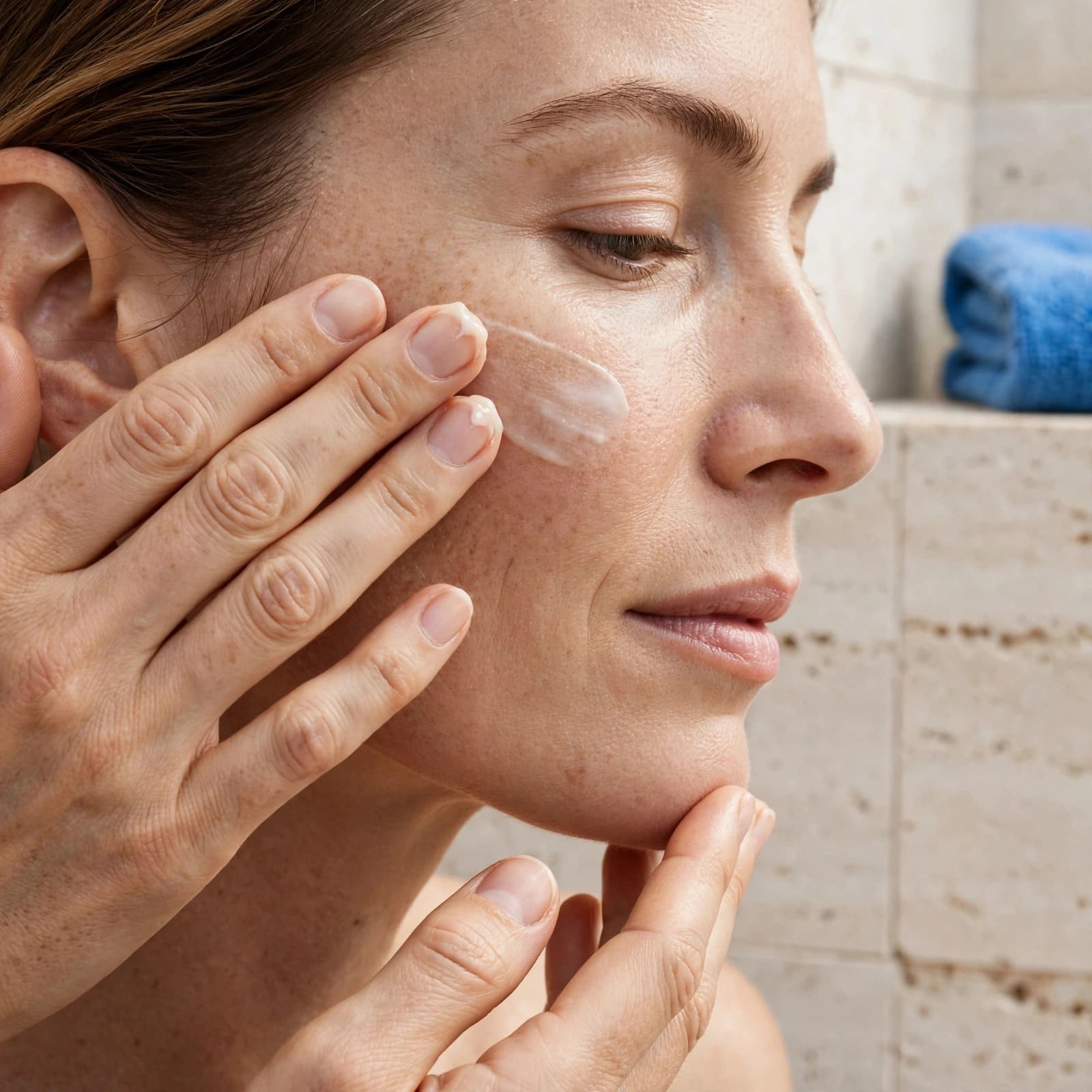 Best Tinted Moisturiser: Find Your Everyday Match 3 A woman applies tinted moisturiser to her cheek in a pale stone bathroom.