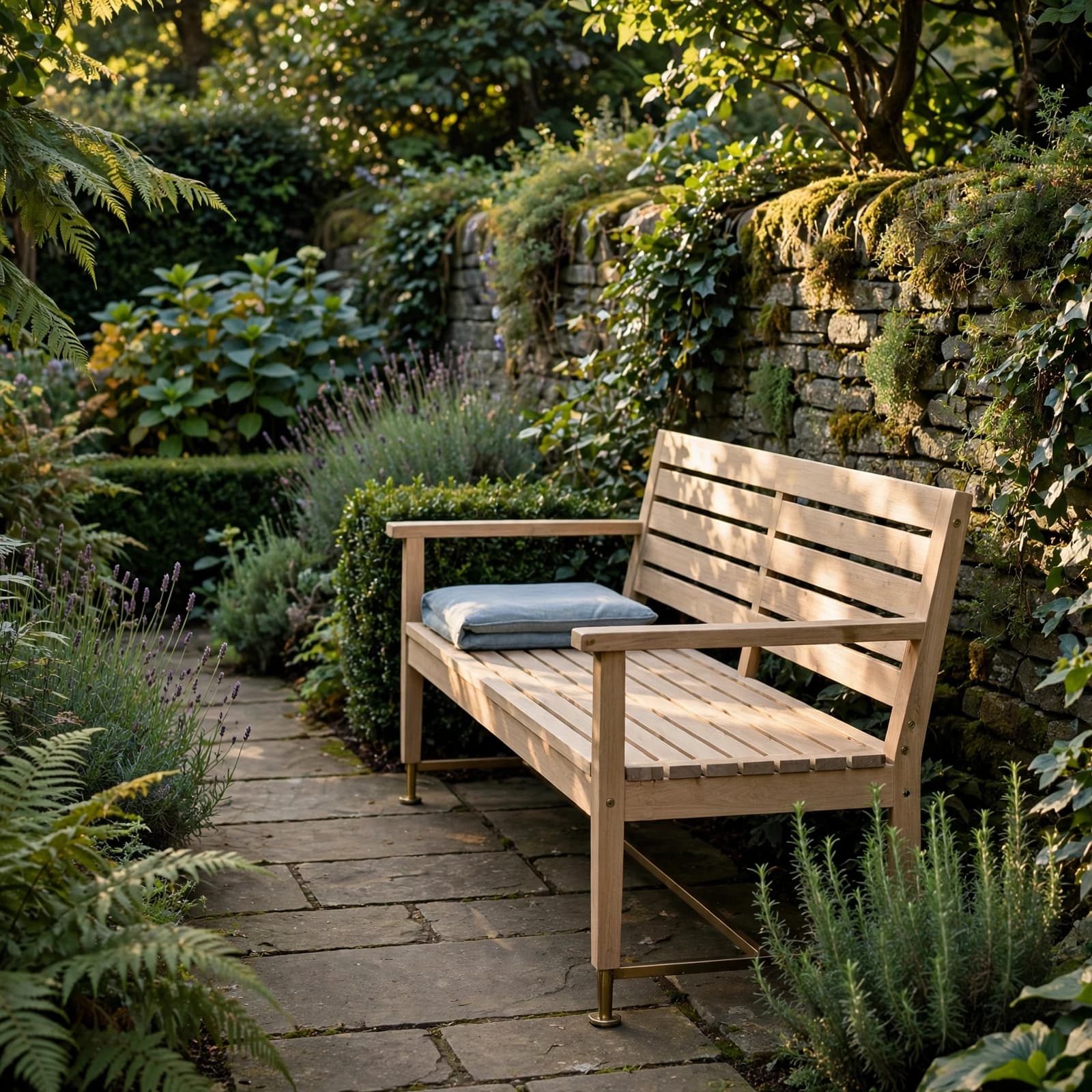 Outdoor Bench Buying Guide: Choose One That Fits 3 A garden bench with a blue cushion beside a stone path and mature plants.