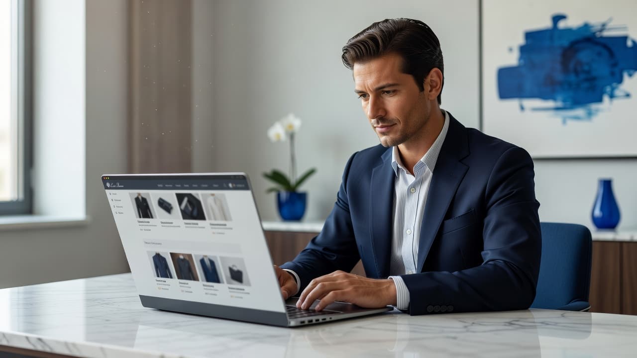 A person analyzes a high-end clothing website on a slim laptop while sitting at a polished marble desk. Soft window light illuminates the blue-accented office, highlighting a focused, professional workspace environment.