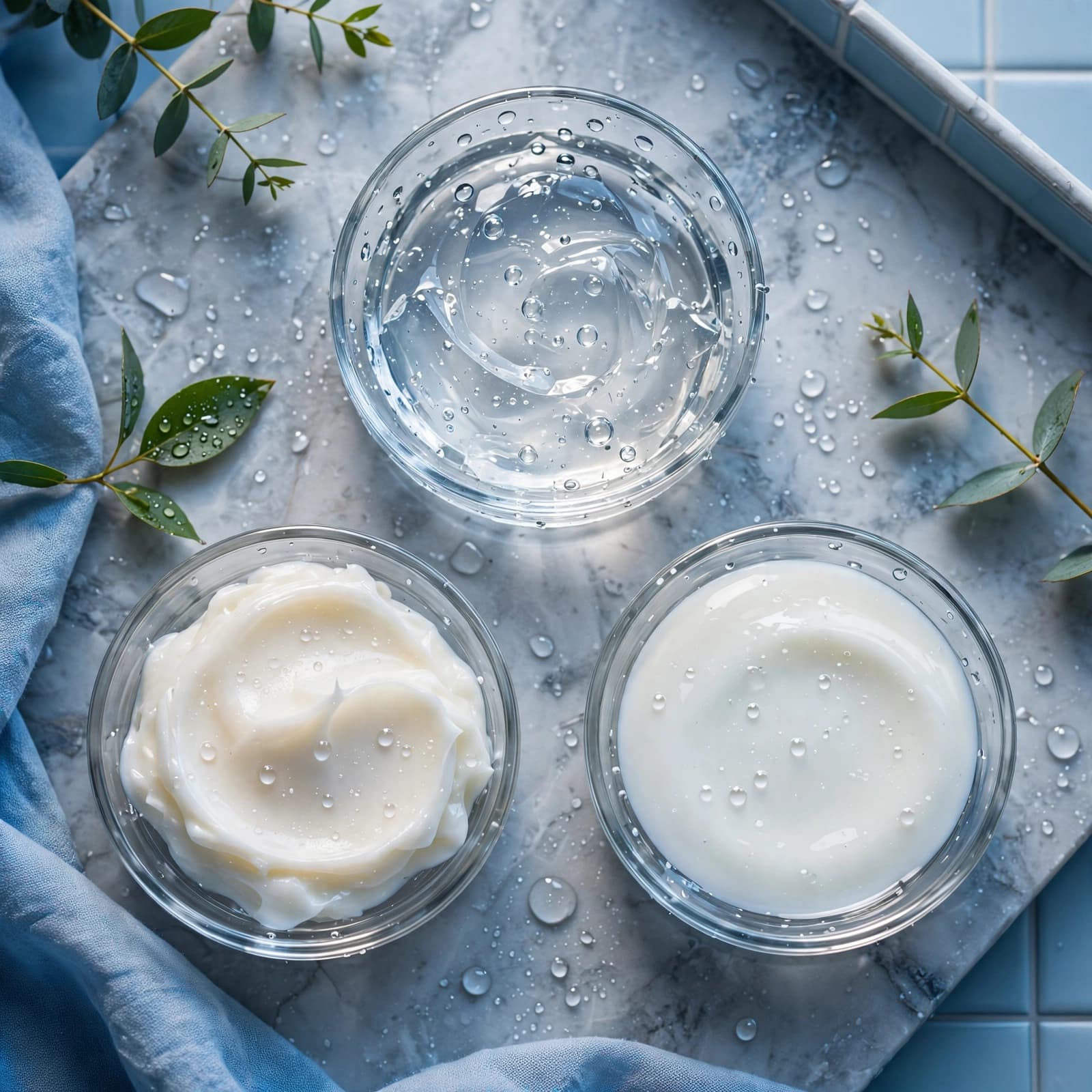 Three glass dishes show gel, gel-cream, and lotion on a bathroom counter.
