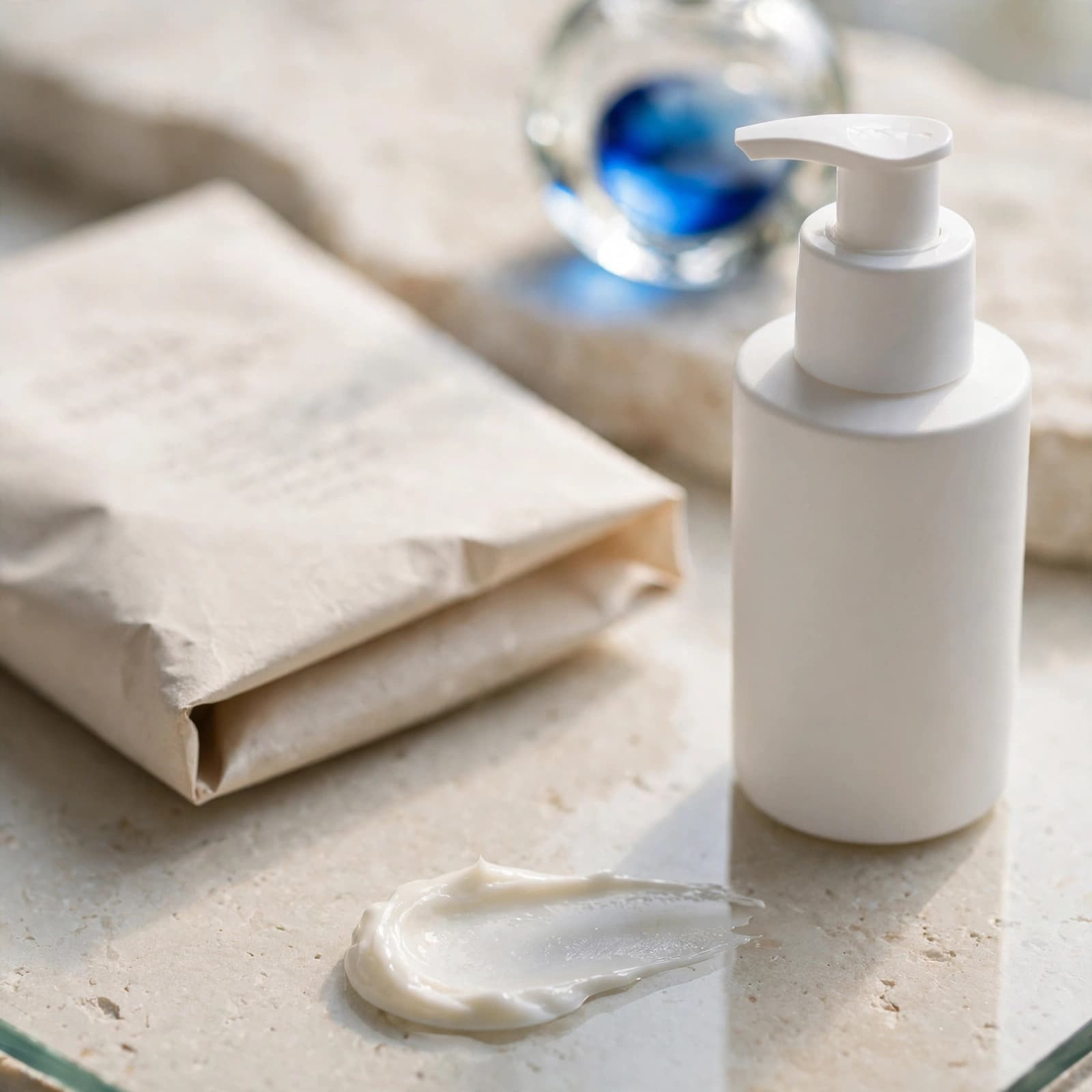 A moisturiser bottle and cream smear sit beside a folded package on a pale stone vanity.