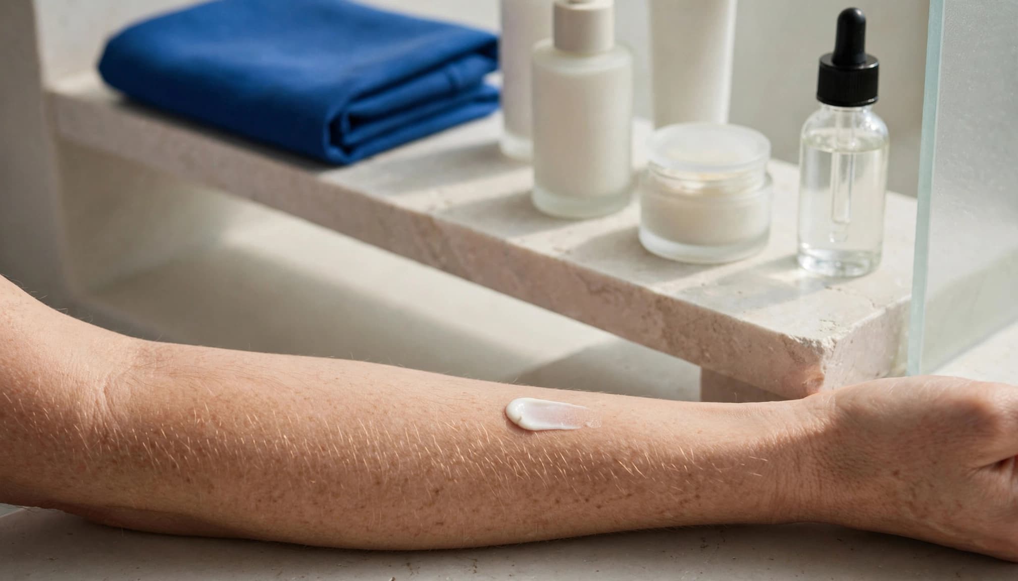 Inner forearm with a moisturiser patch beside neatly arranged skincare bottles.