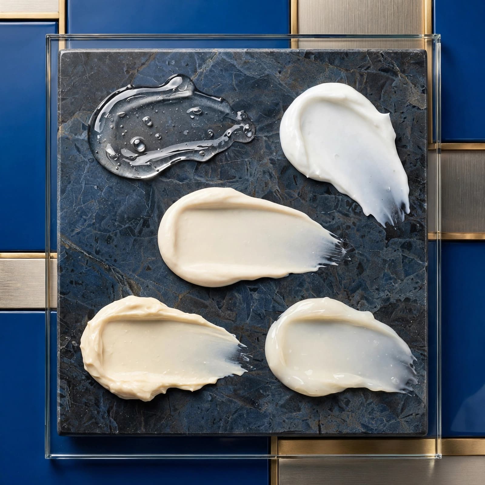Five skincare swatches in different textures arranged on a stone tray with blue accents.