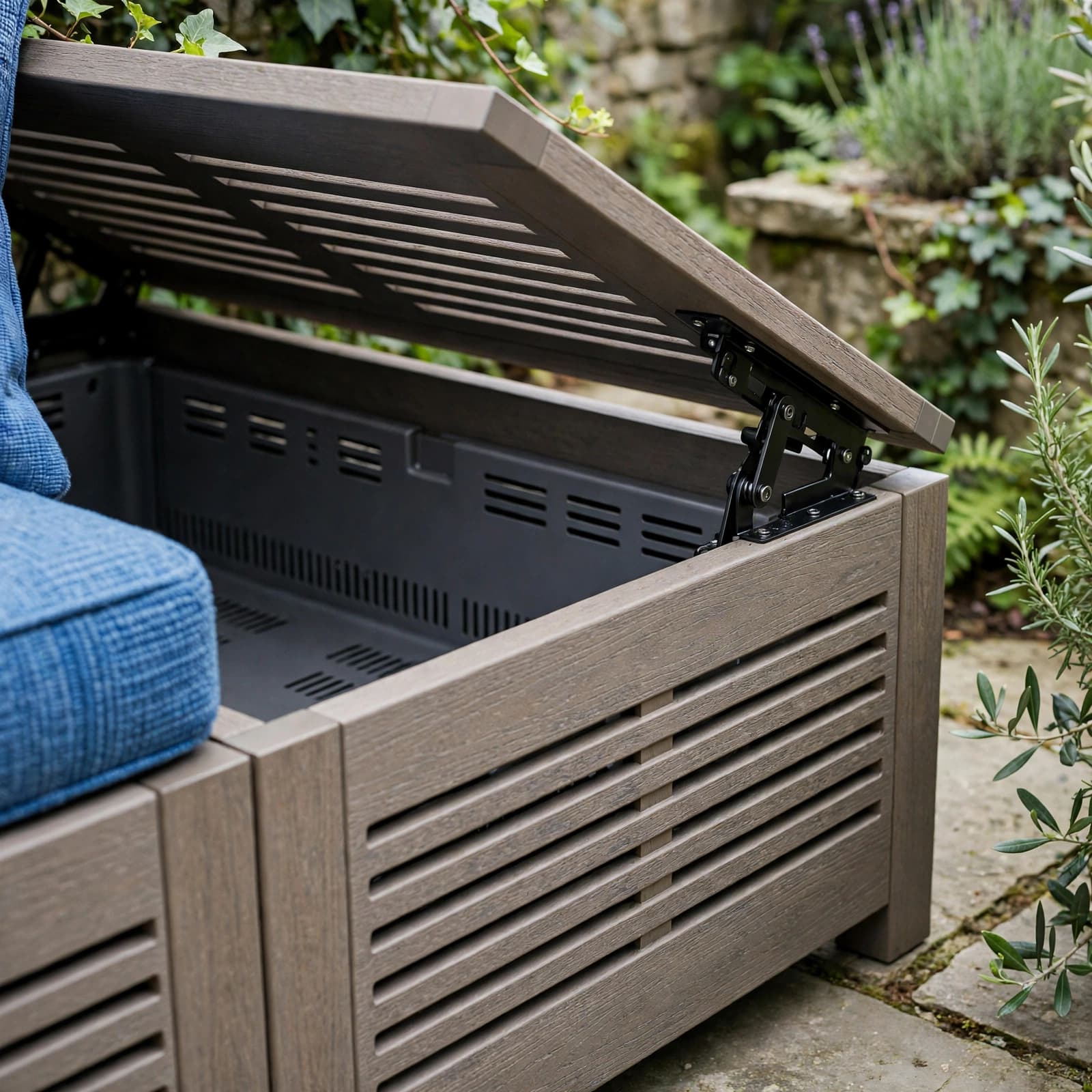 Outdoor Storage Bench: A Practical UK Buying Guide 2 A partly open garden bench shows its hinge and ventilated slats beside a blue cushion.