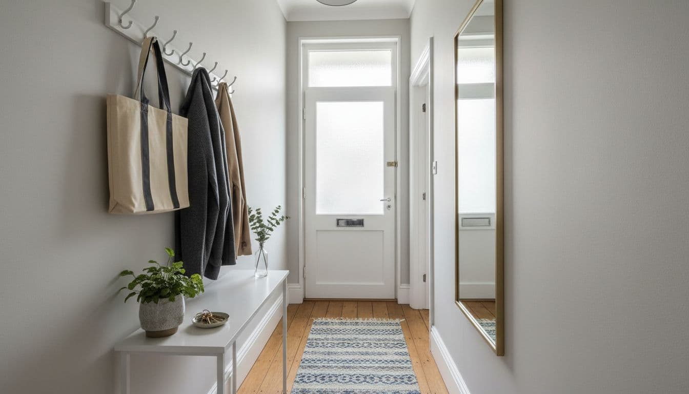 Bright narrow Victorian UK hallway with light walls, slim console, mirror and runner