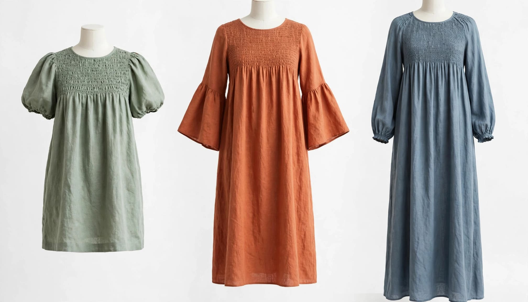 Three mannequins display mini, midi, and maxi smock dresses in a bright studio.