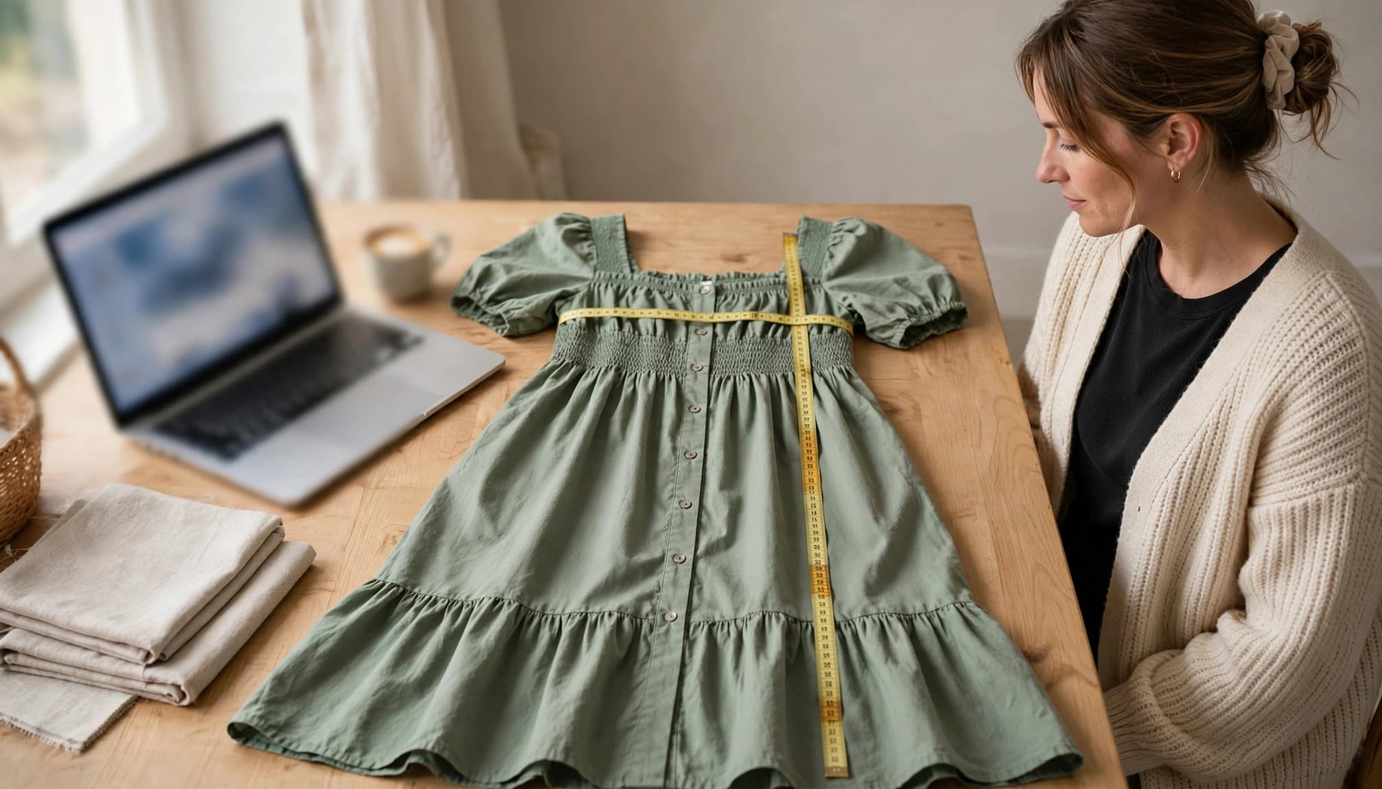 Woman measuring a smock dress beside a laptop on a clean table.