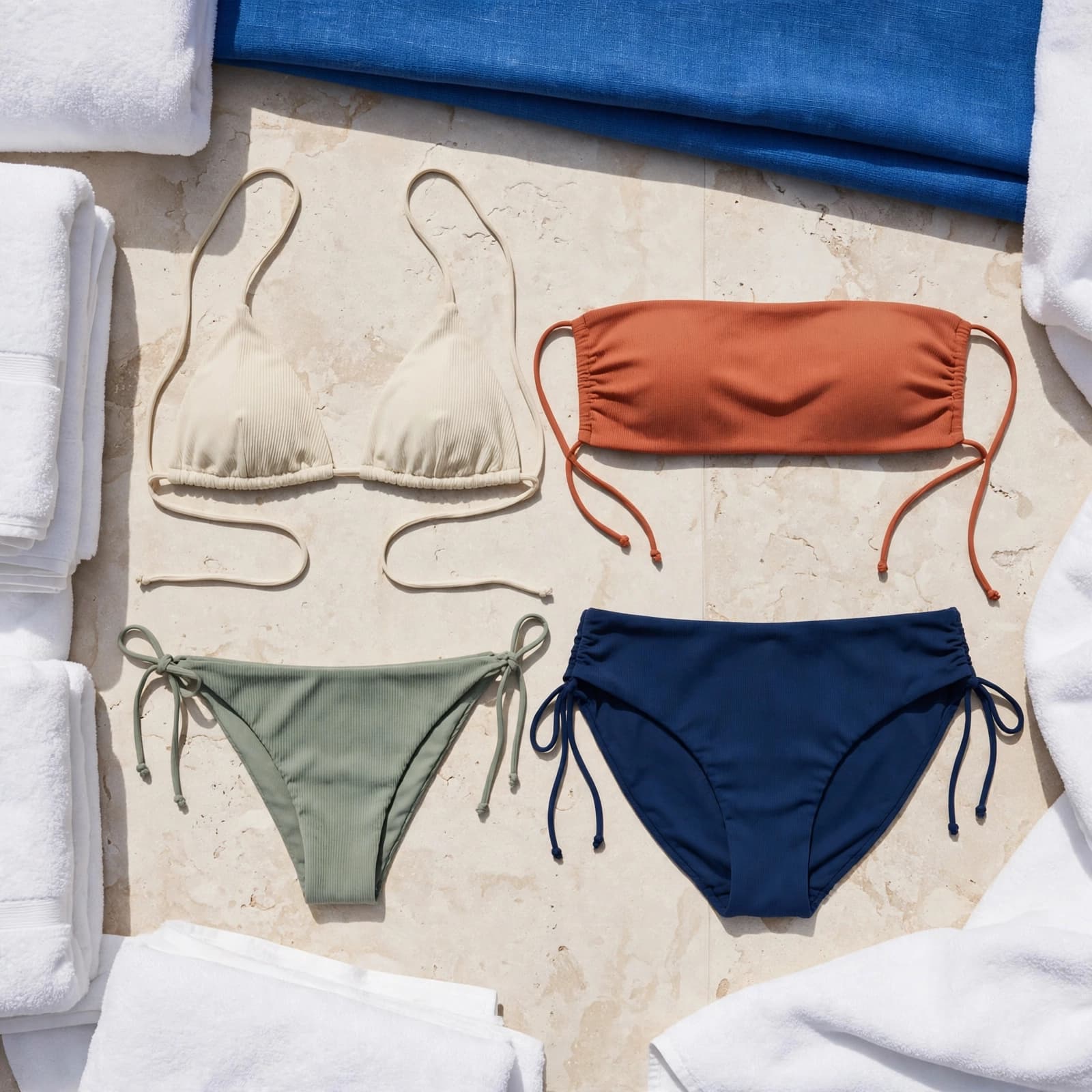 Four bikini styles arranged on pale stone beside folded white towels.