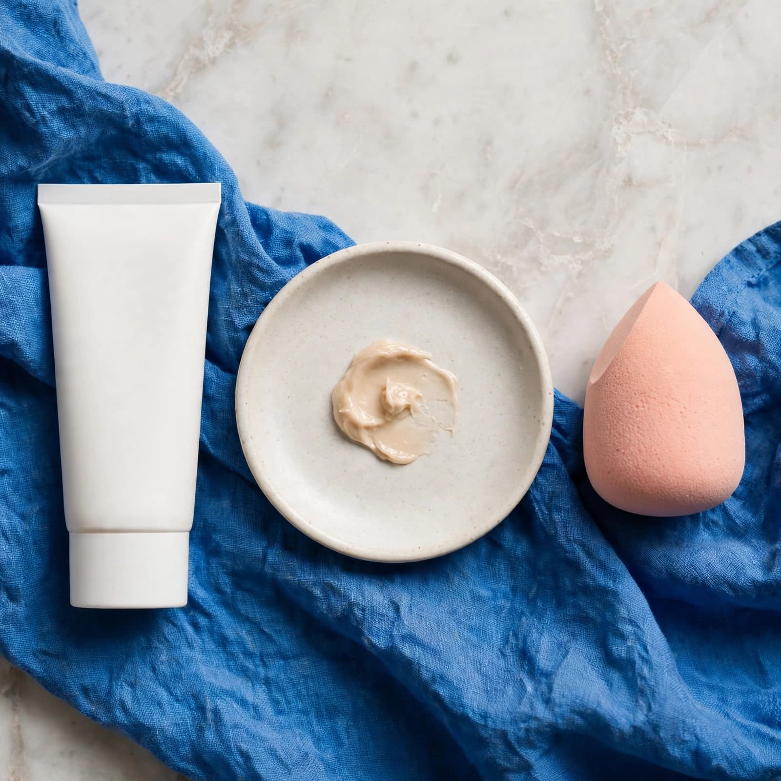 A sunscreen tube, tinted moisturiser, and makeup sponge arranged on pale marble beside blue cloth.