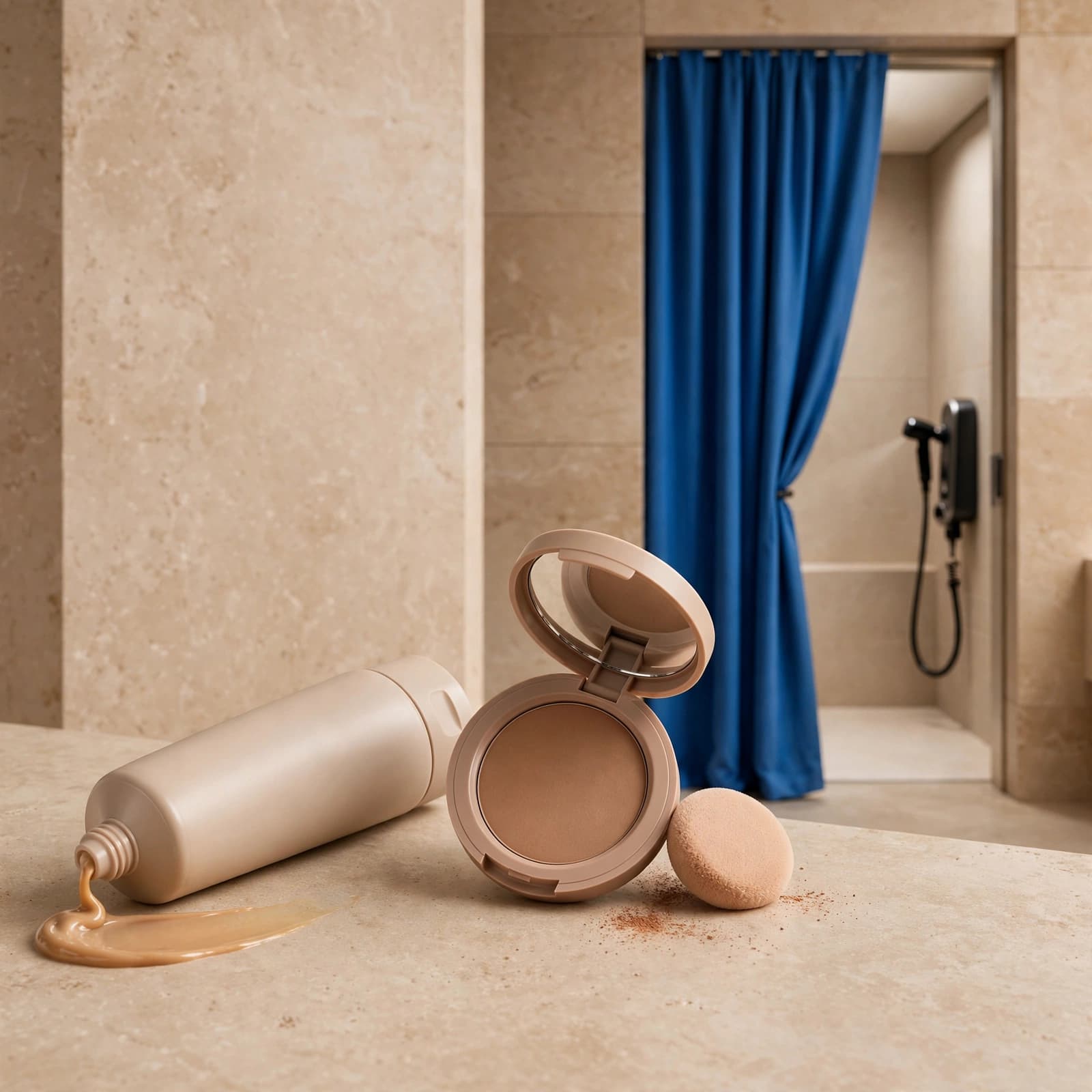 A lotion tube and bronzing compact sit before a curtained spray-tan room.