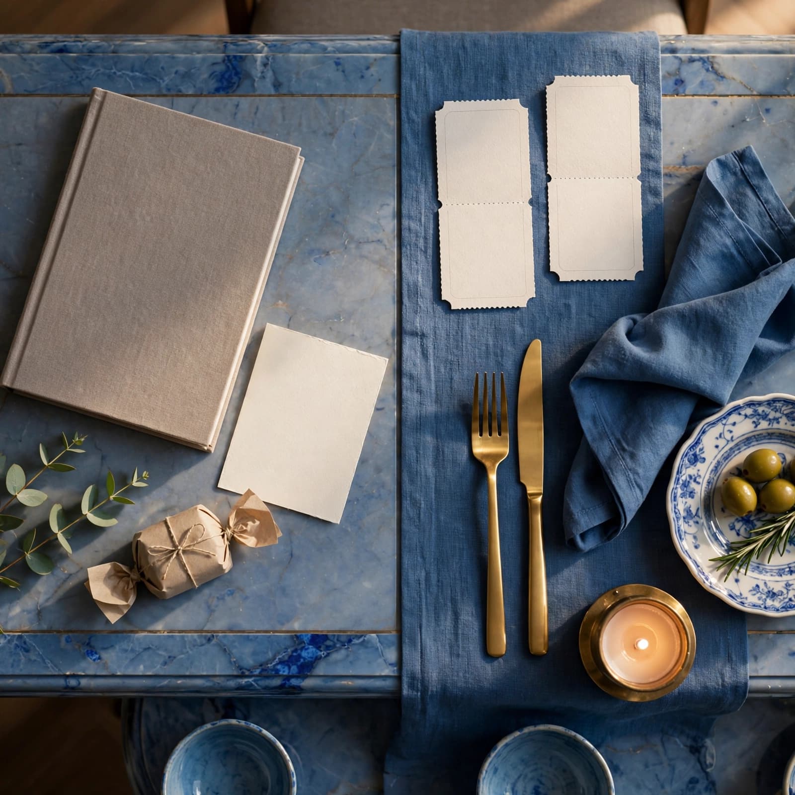 A book gift and theatre tickets arranged on a blue-accented dining table.