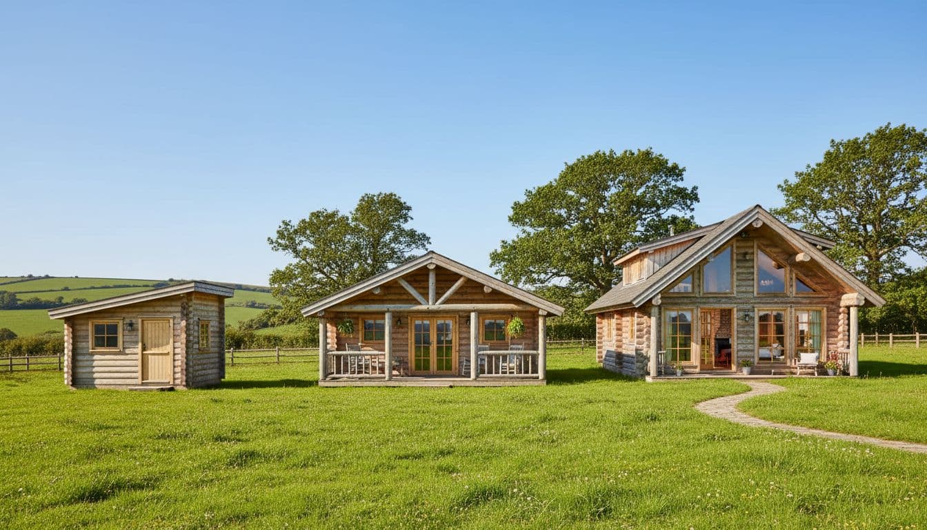 Log Cabin Cost Calculator: Work Out Your Real Budget UK 4 Three log cabins of different sizes in a UK field
