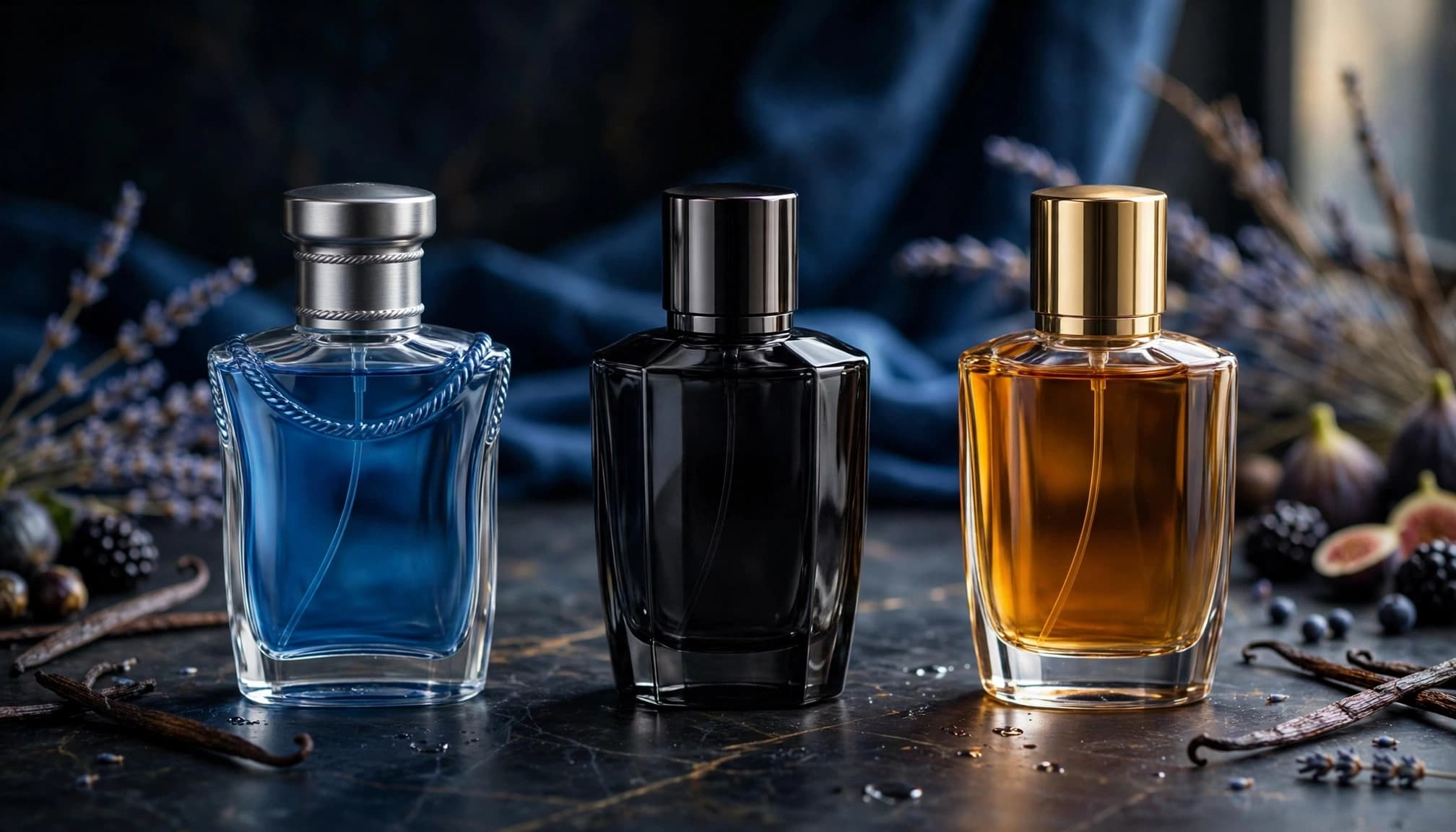 Three elegant blue, black, and amber fragrance bottles on a dark dressing table.