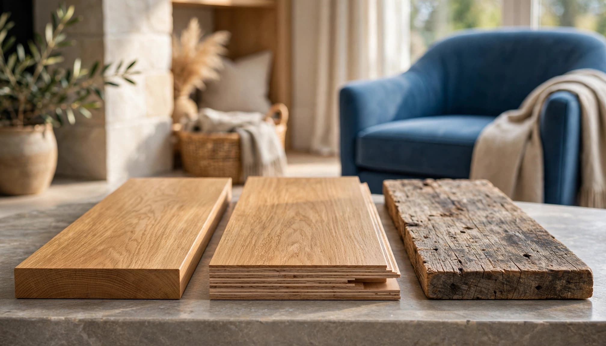 Three different wood flooring samples displayed in an elegant room with a blue chair.