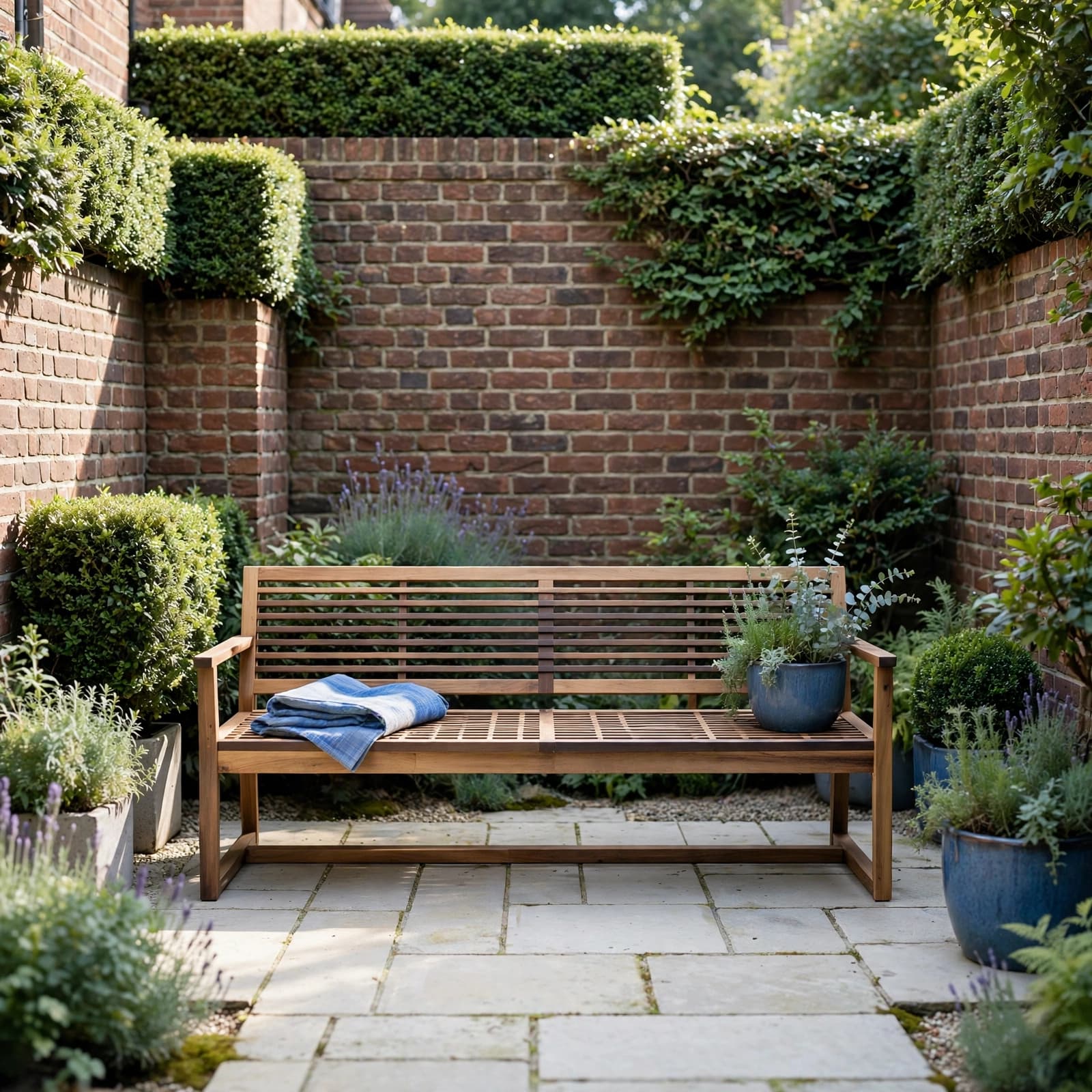 Outdoor Bench Buying Guide: Choose One That Fits 1 A timber bench with a blue cushion sits in a brick-walled courtyard.