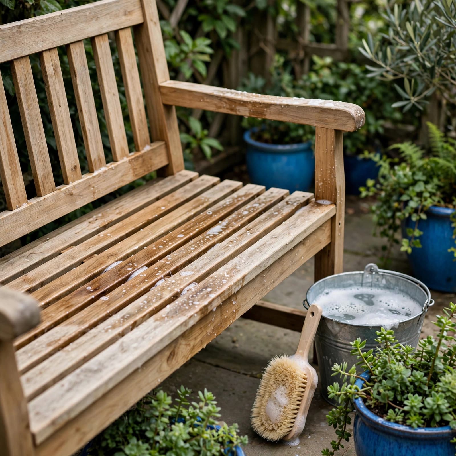 A clean wooden bench stands beside a brush and bucket on a leafy terrace.