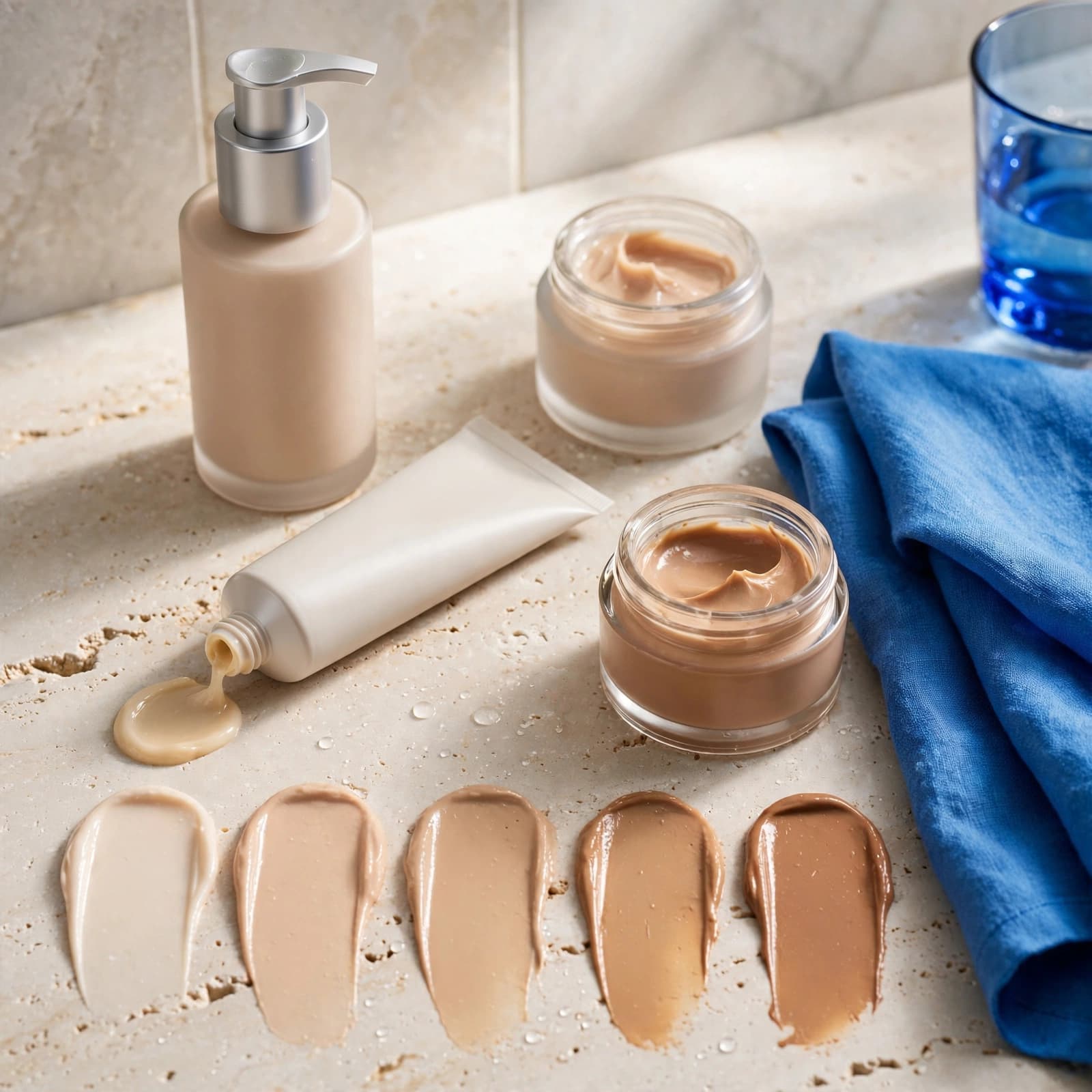 Best Tinted Moisturiser: Find Your Everyday Match 1 Unbranded tinted moisturisers and cream swatches arranged on a pale stone vanity with a blue accent.