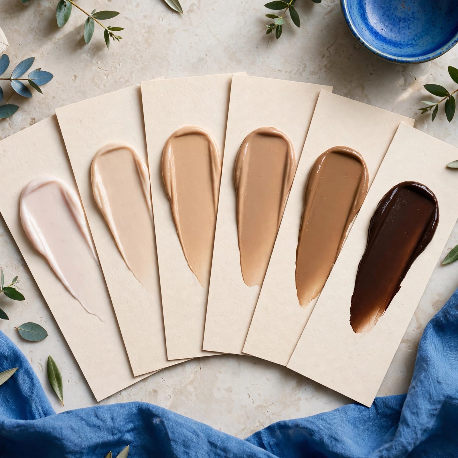 Six tinted moisturiser swatches fan across complexion cards on a pale stone surface.