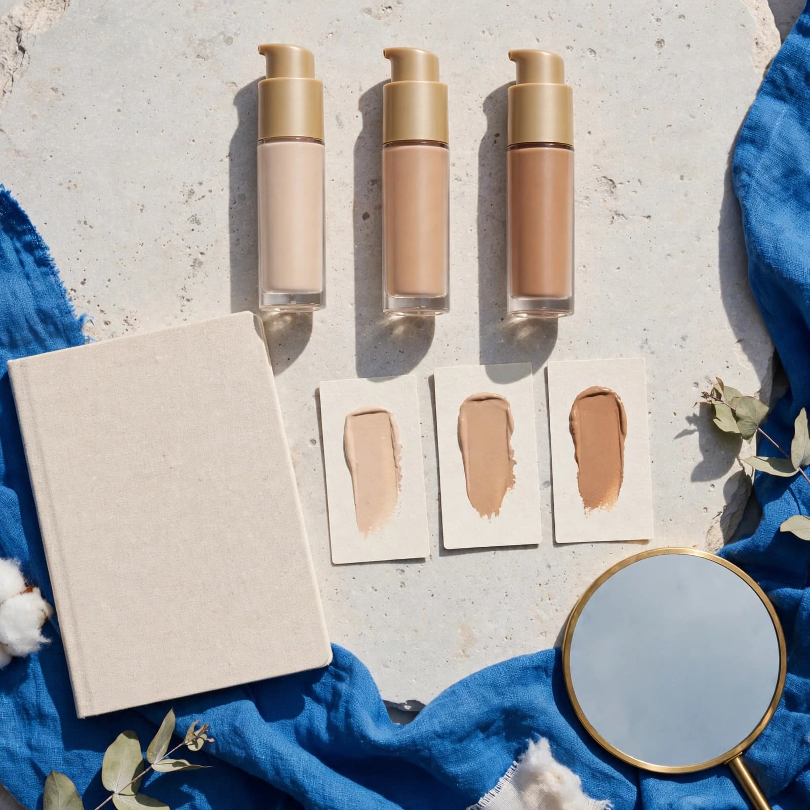Three neutral-toned moisturizer bottles arranged with swatches, a notebook, and a small mirror.