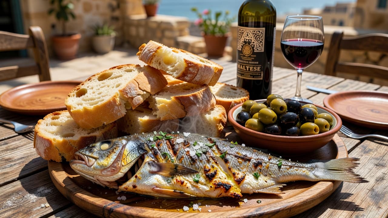 A rustic wooden table holds a platter of fresh grilled fish, crusty local bread, and salty olives. A glass of chilled white wine catches the bright summer sunlight in this outdoor setting in Malta