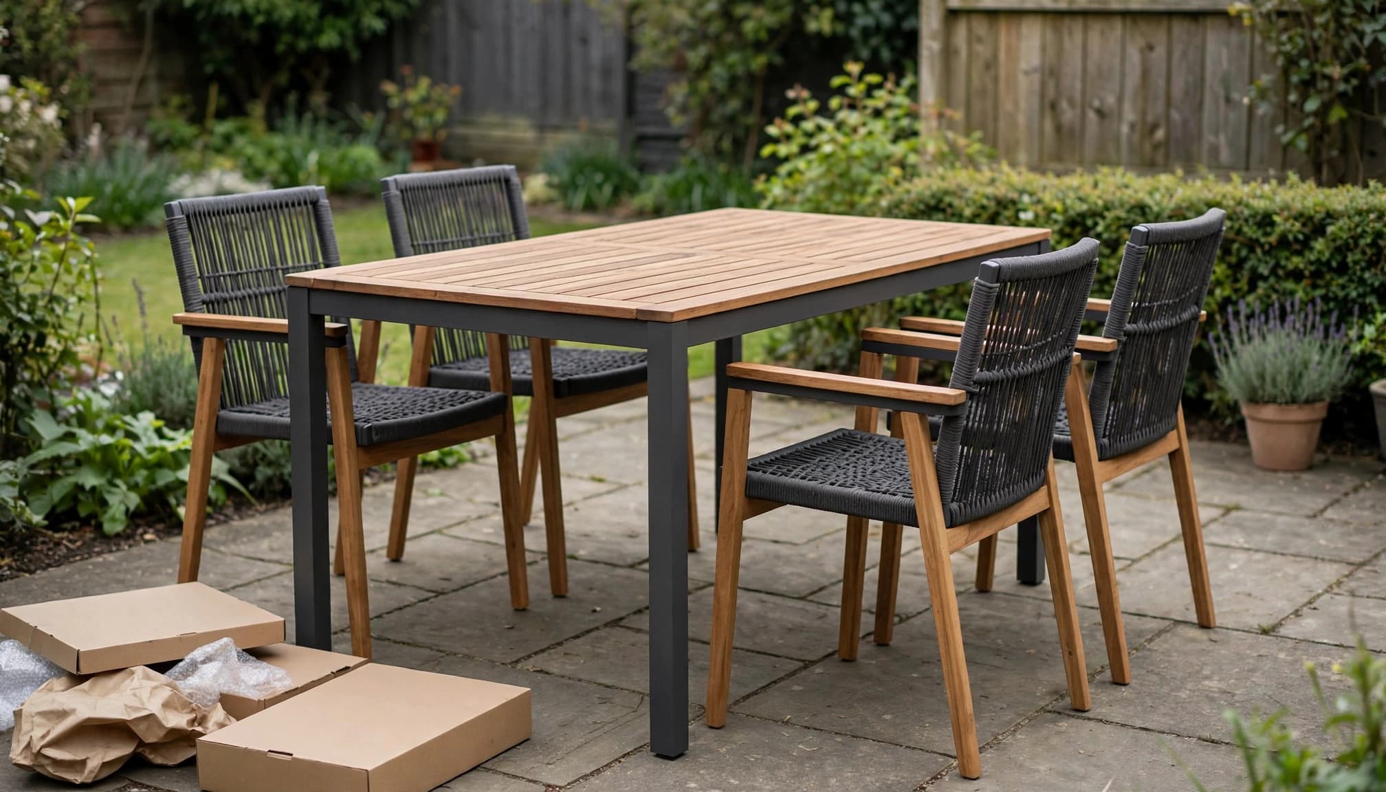 Charcoal garden table and four chairs on a tidy patio with plain packaging nearby.