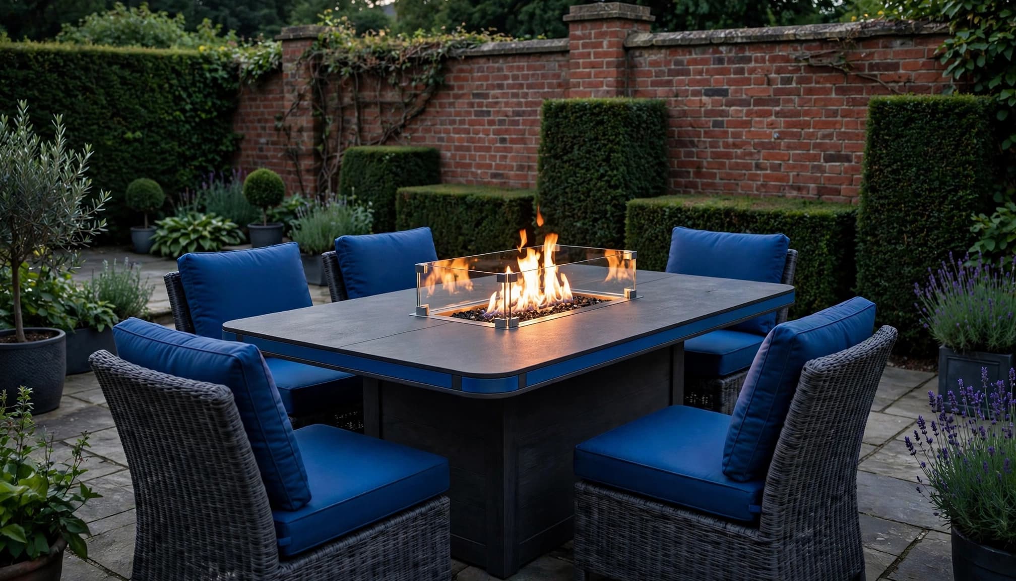 Fire Pit Dining Set: A Practical UK Buyer's Guide 1 A rectangular fire pit table with four chairs on a garden patio.