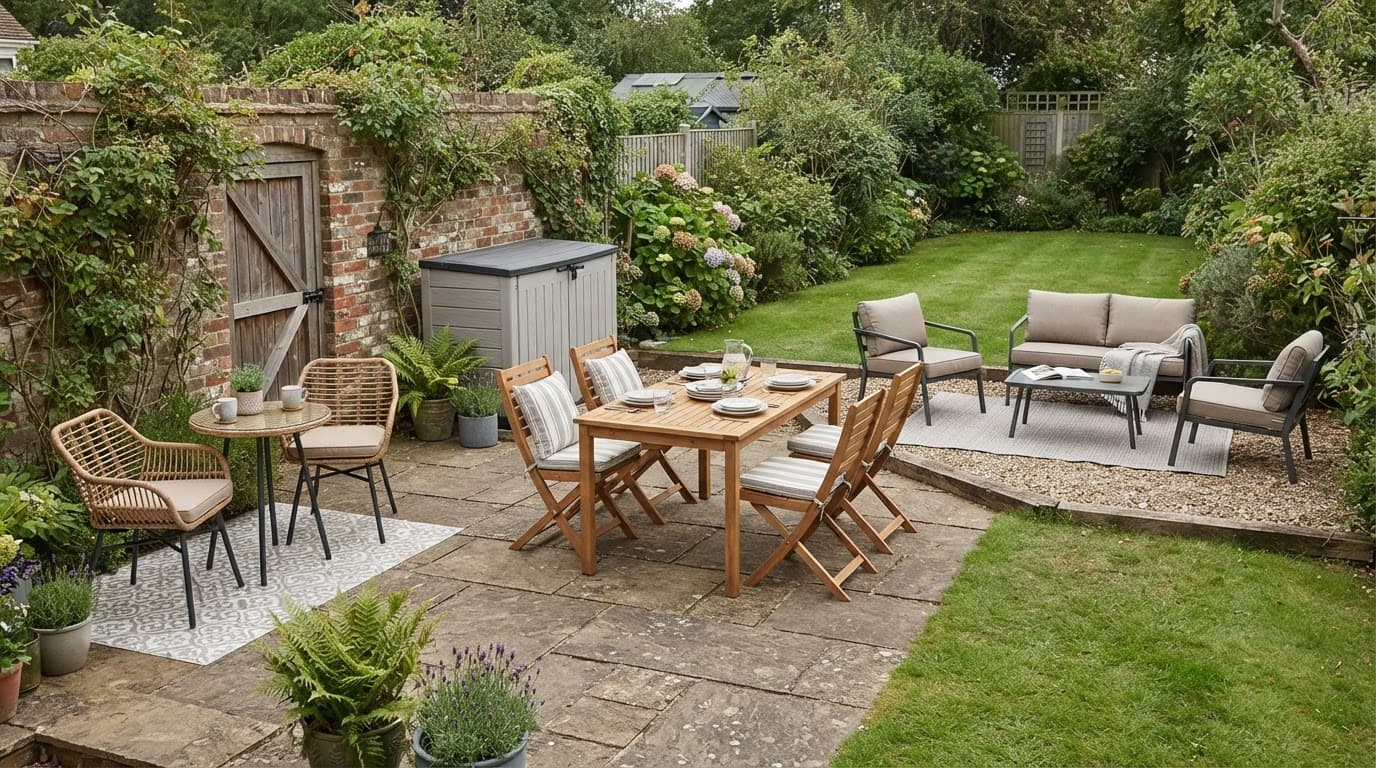 Garden Furniture Sets Sale: How to Find Lasting Value 1 Three garden furniture options arranged on a patio beside a lawn and brick wall.