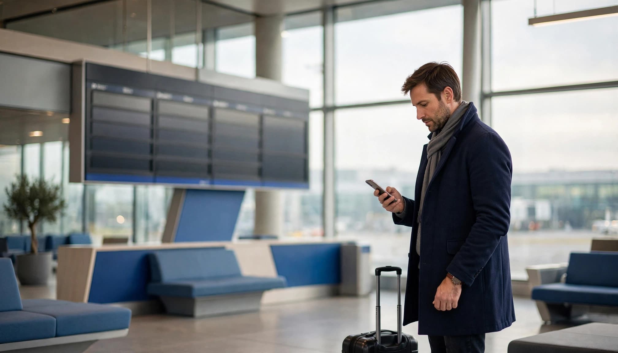 A traveller with a suitcase checks flight options beside an airport departure area.
