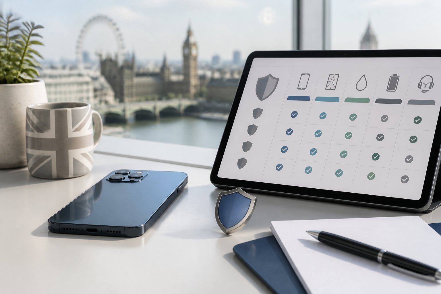 A smartphone beside a tablet showing abstract insurance comparison graphics on a bright desk.