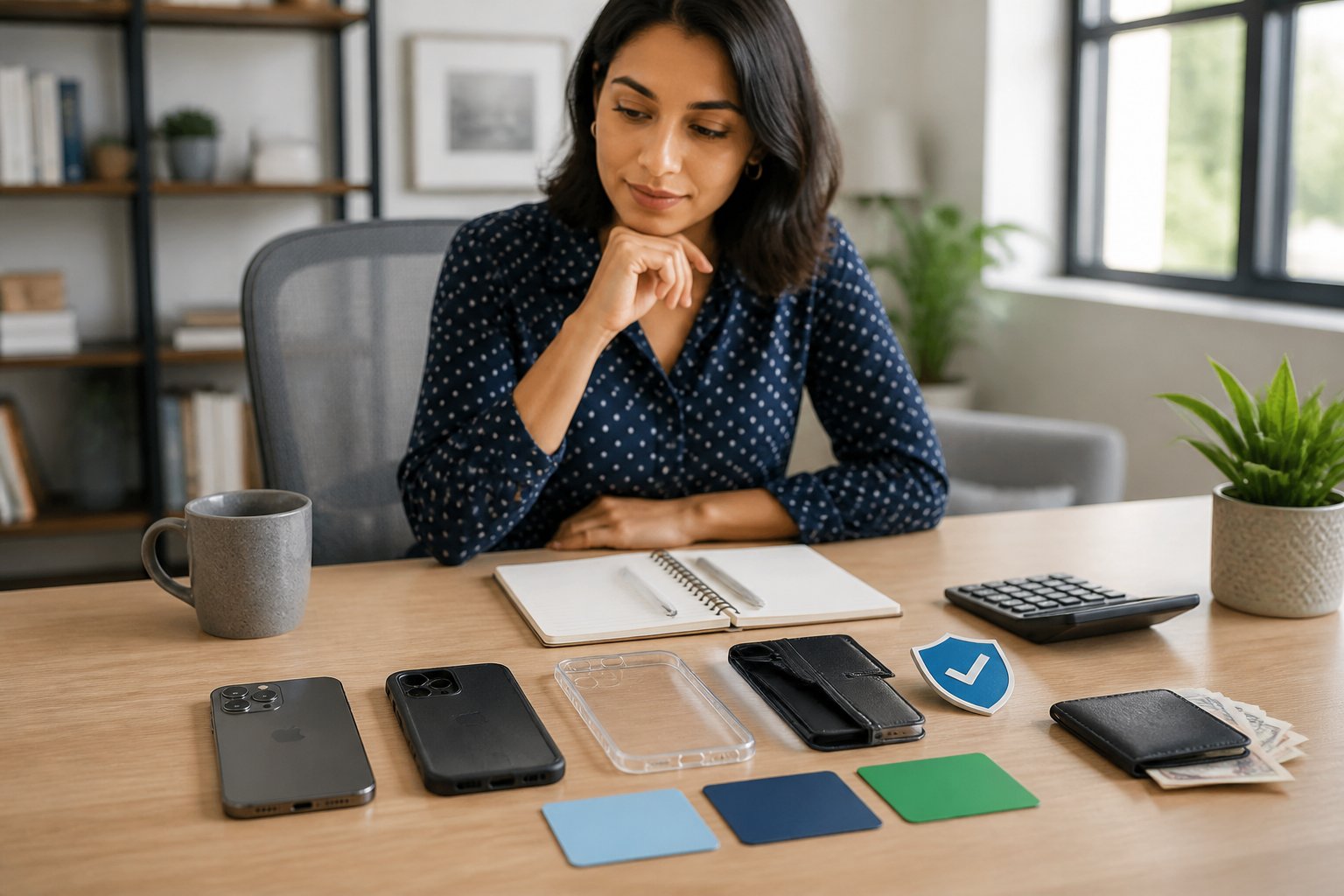 A person compares mobile phone protection options beside a smartphone, wallet, calculator and notebook.