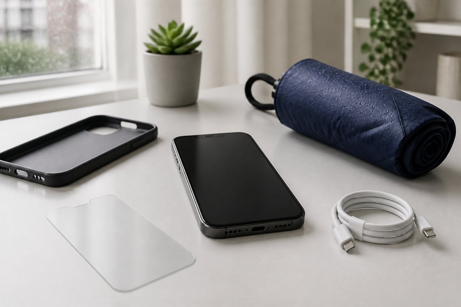A smartphone sits beside protective accessories on a tidy desk.