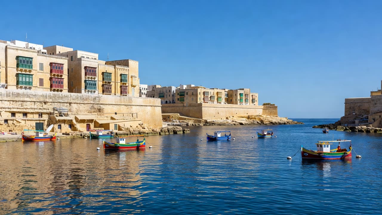 Historic limestone buildings with vibrant wooden balconies overlook the deep blue Mediterranean Sea. Several small traditional boats bob gently on the surface under a bright and clear daytime sky in Malta.