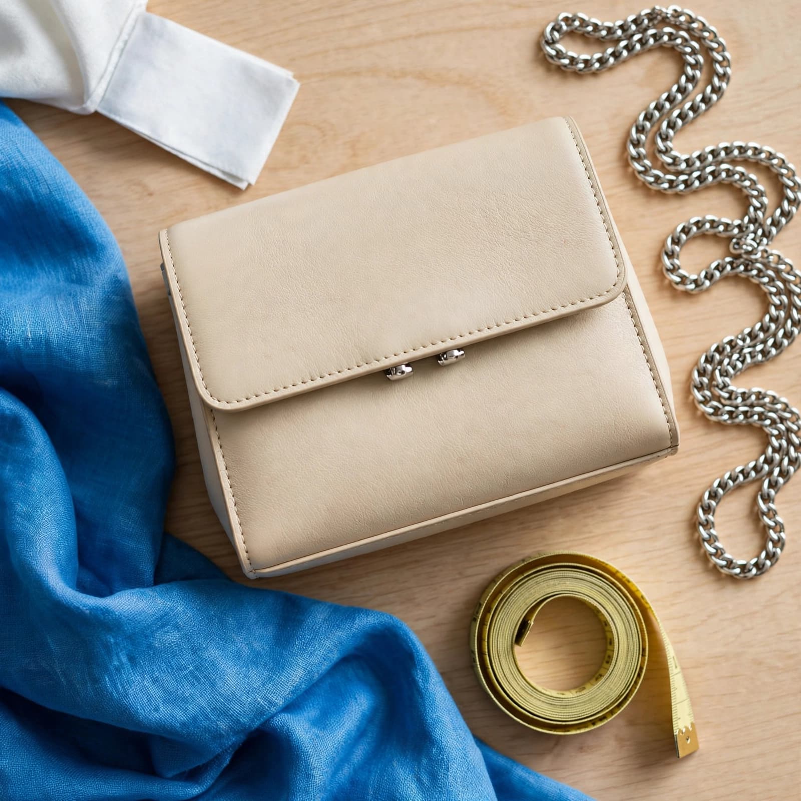 A small bag and measuring tape beside folded blue fabric.